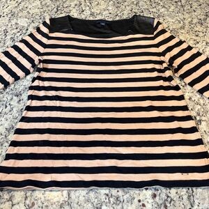 Tommy Hilfiger Black and Tan Striped Blouse with Faux Leather Accent